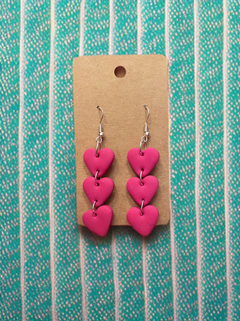 Handcrafted Triple Heart Dangle Clay Earrings