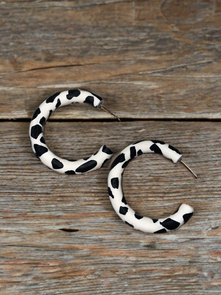 Handcrafted Cow Print Clay Hoop Earrings