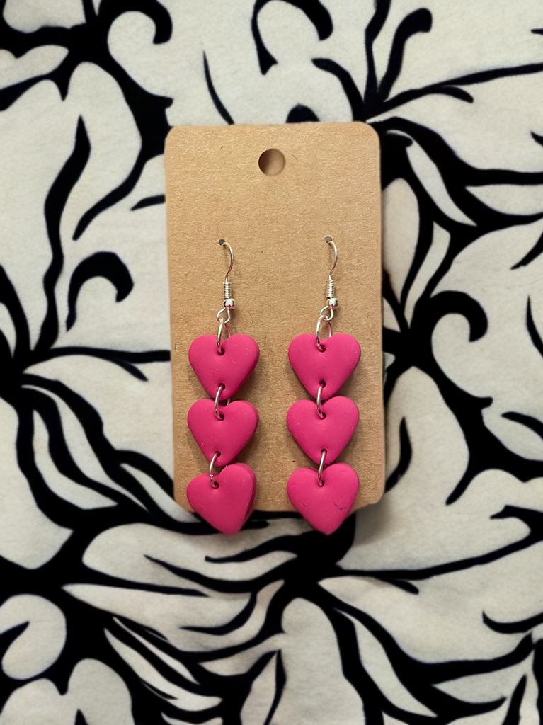 Handcrafted Triple Heart Dangle Clay Earrings