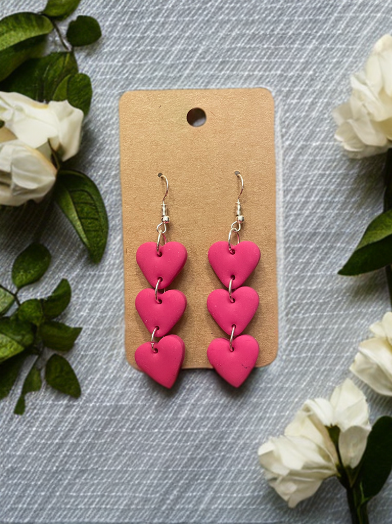 Handcrafted Triple Heart Dangle Clay Earrings