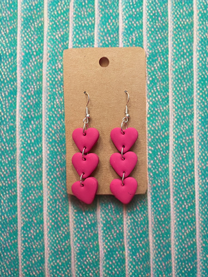 Handcrafted Triple Heart Dangle Clay Earrings