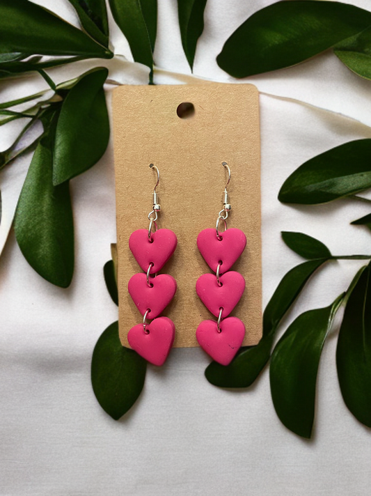 Handcrafted Triple Heart Dangle Clay Earrings