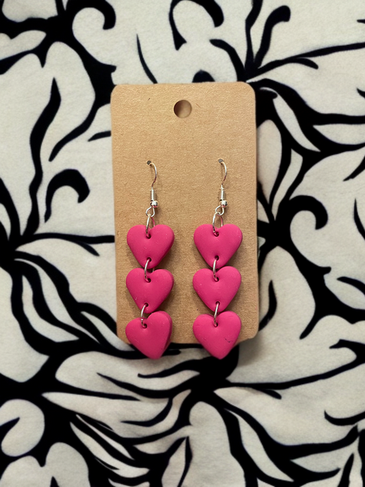Handcrafted Triple Heart Dangle Clay Earrings